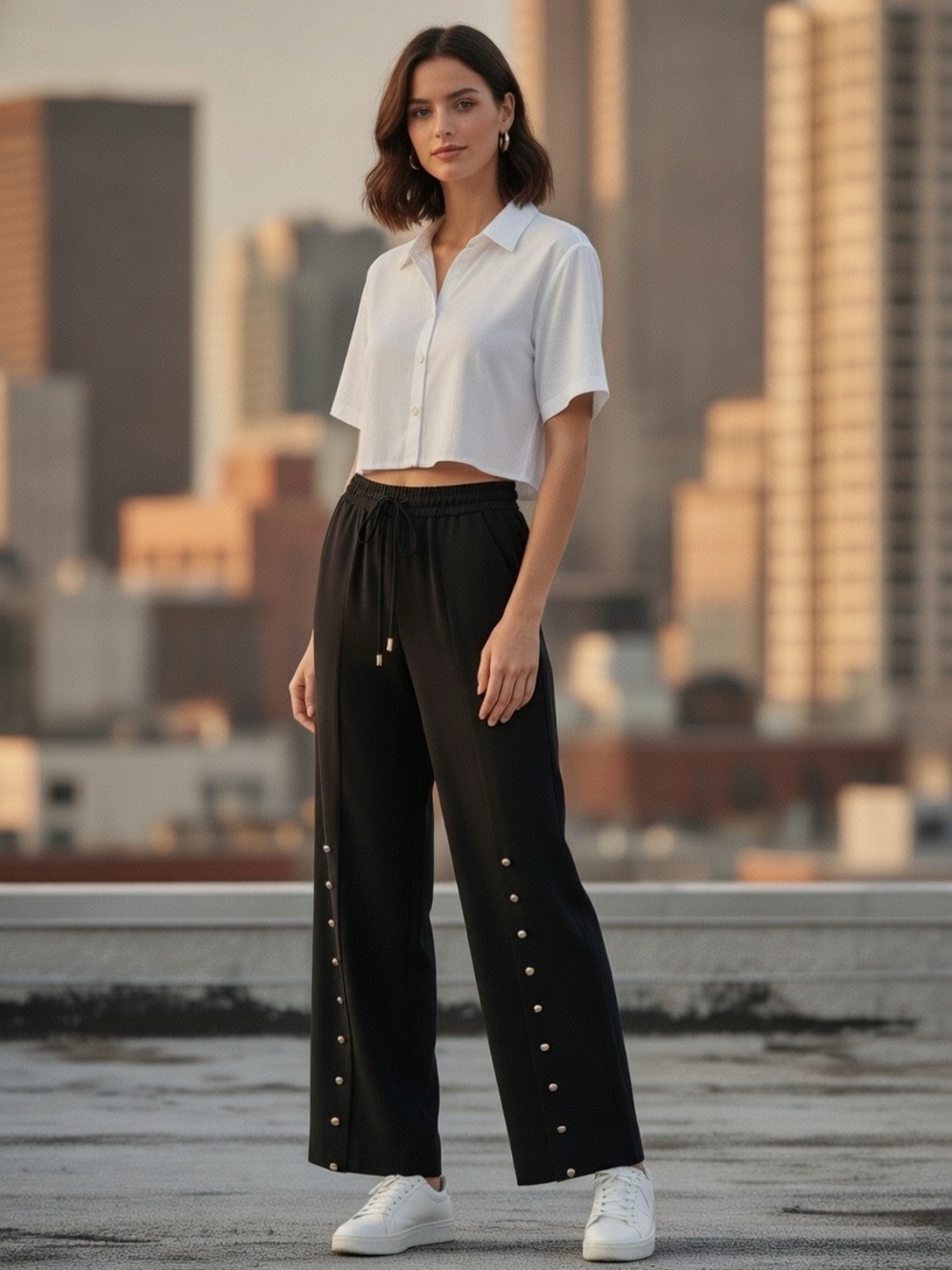 NEW Karen Millen Black Wide-Leg Pants with Metallic Button Trim